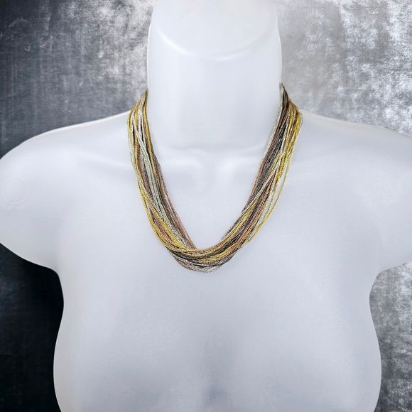 Statement Necklace Draping Multi Chain Chic Gold Silver Olive Copper Mixed Metal - Picture 3 of 8